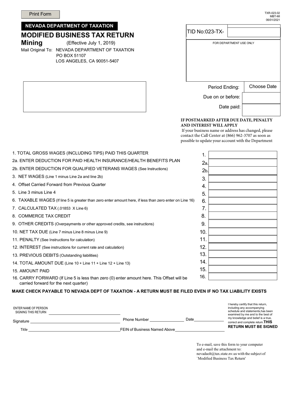 Form Txr 02302 Download Fillable Pdf Or Fill Online Modified Business Tax Return Mining 1602