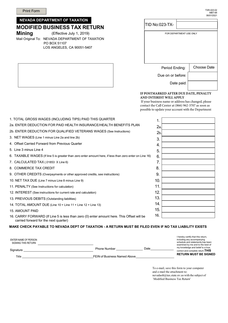 Form TXR-023.02 Modified Business Tax Return - Mining - Nevada, Page 1