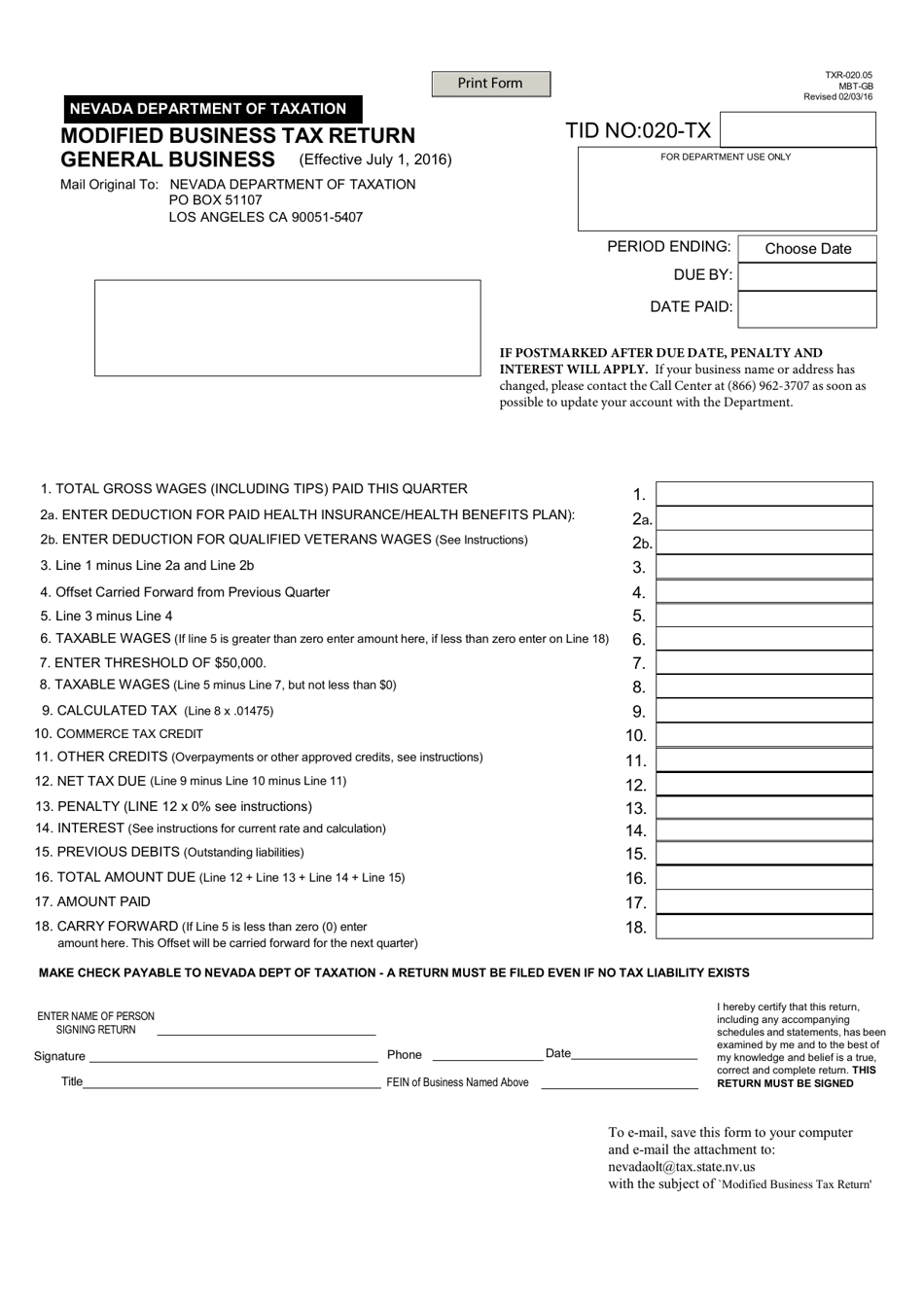 Form TXR-020.05 Modified Business Tax Return - General Business - Nevada, Page 1