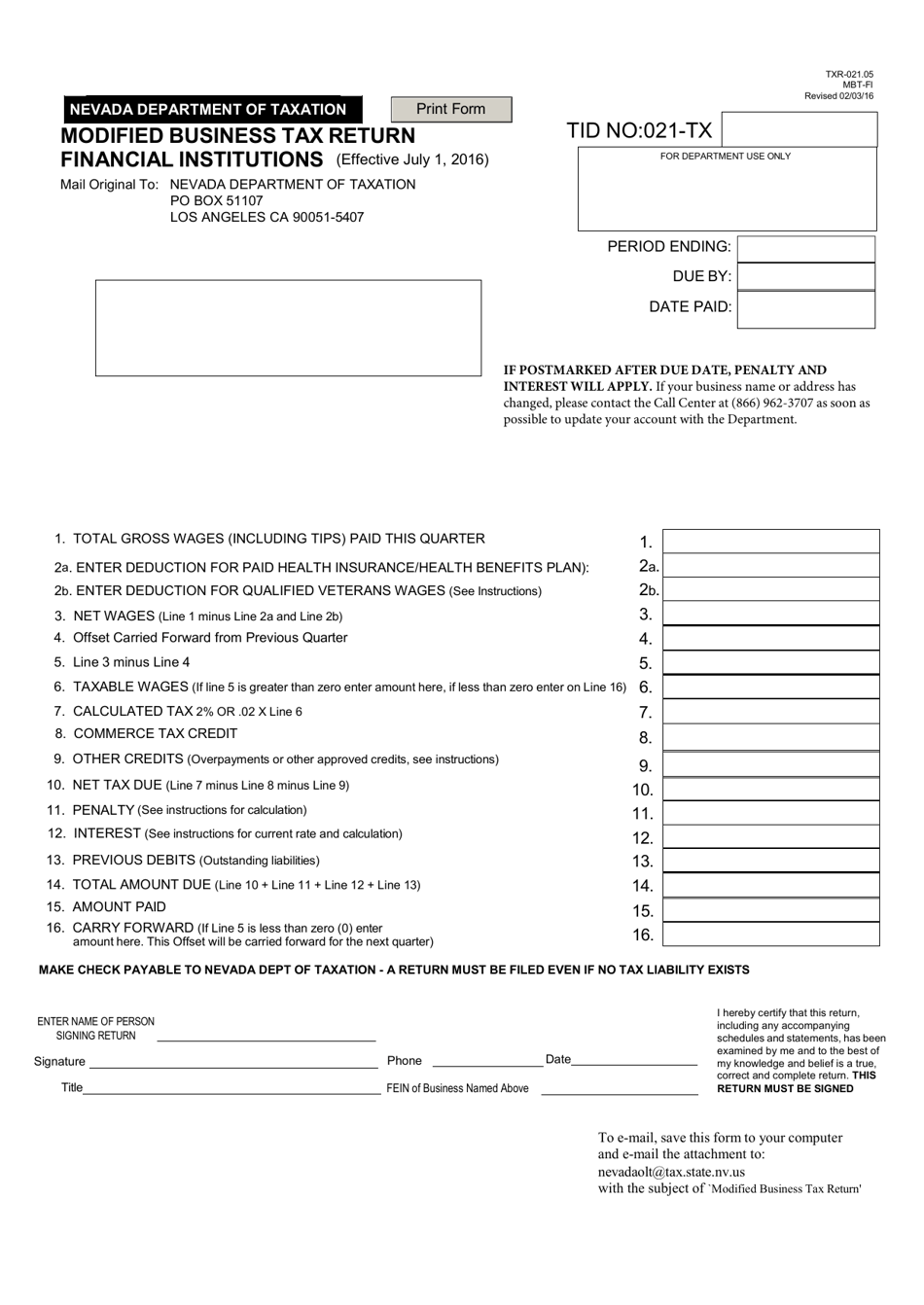Form TXR-021.05 Modified Business Tax Return - Financial Institutions - Nevada, Page 1
