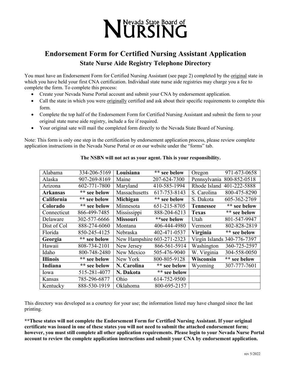Endorsement Form for Certified Nursing Assistant Application - Nevada, Page 1