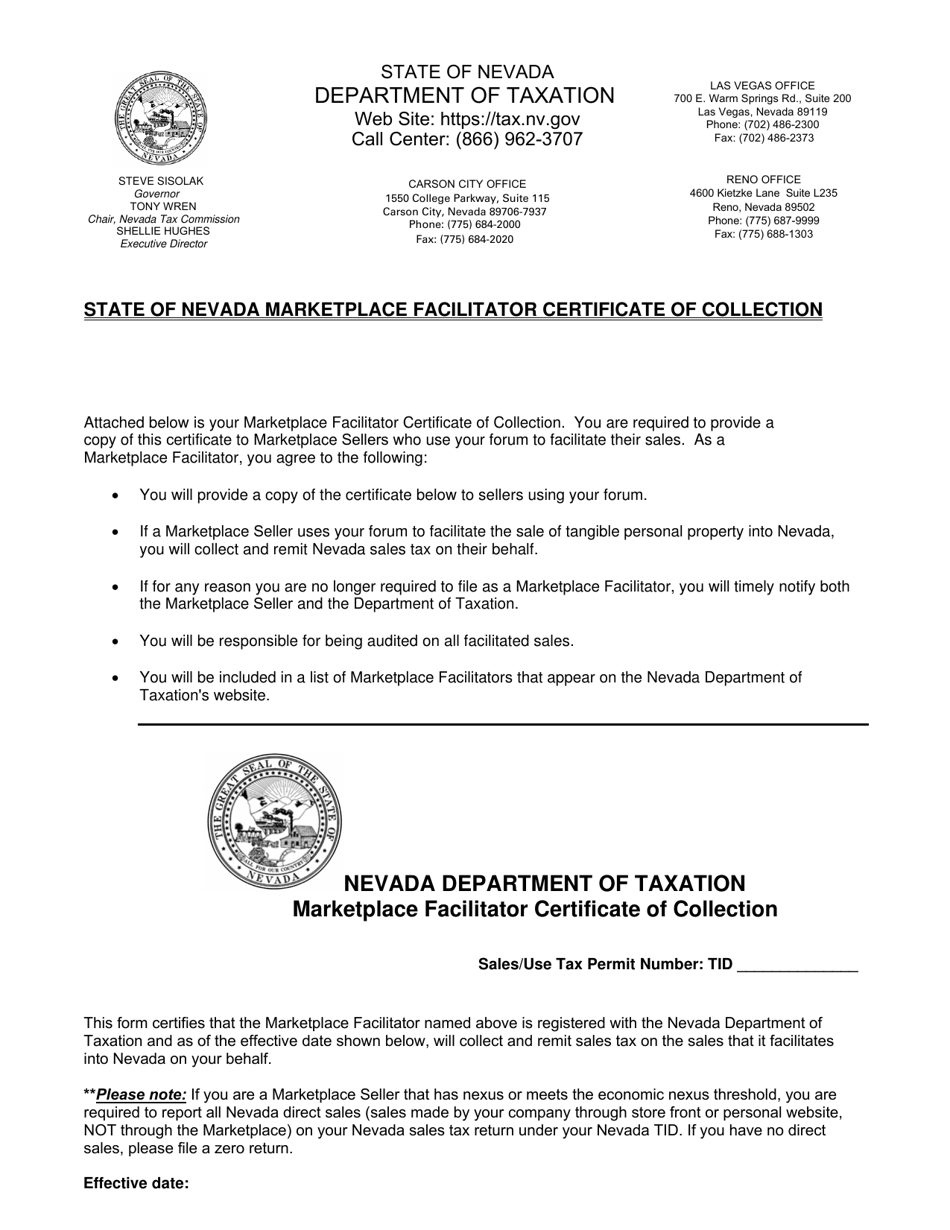 State of Nevada Marketplace Facilitator Certificate of Collection - Nevada, Page 1