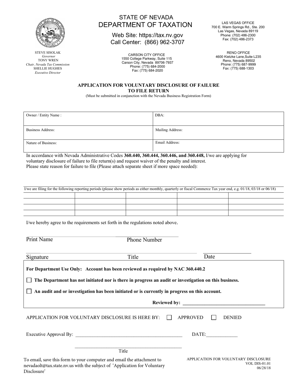 Form VOL DIS-01.01 Application for Voluntary Disclosure of Failure to File Return - Nevada, Page 1