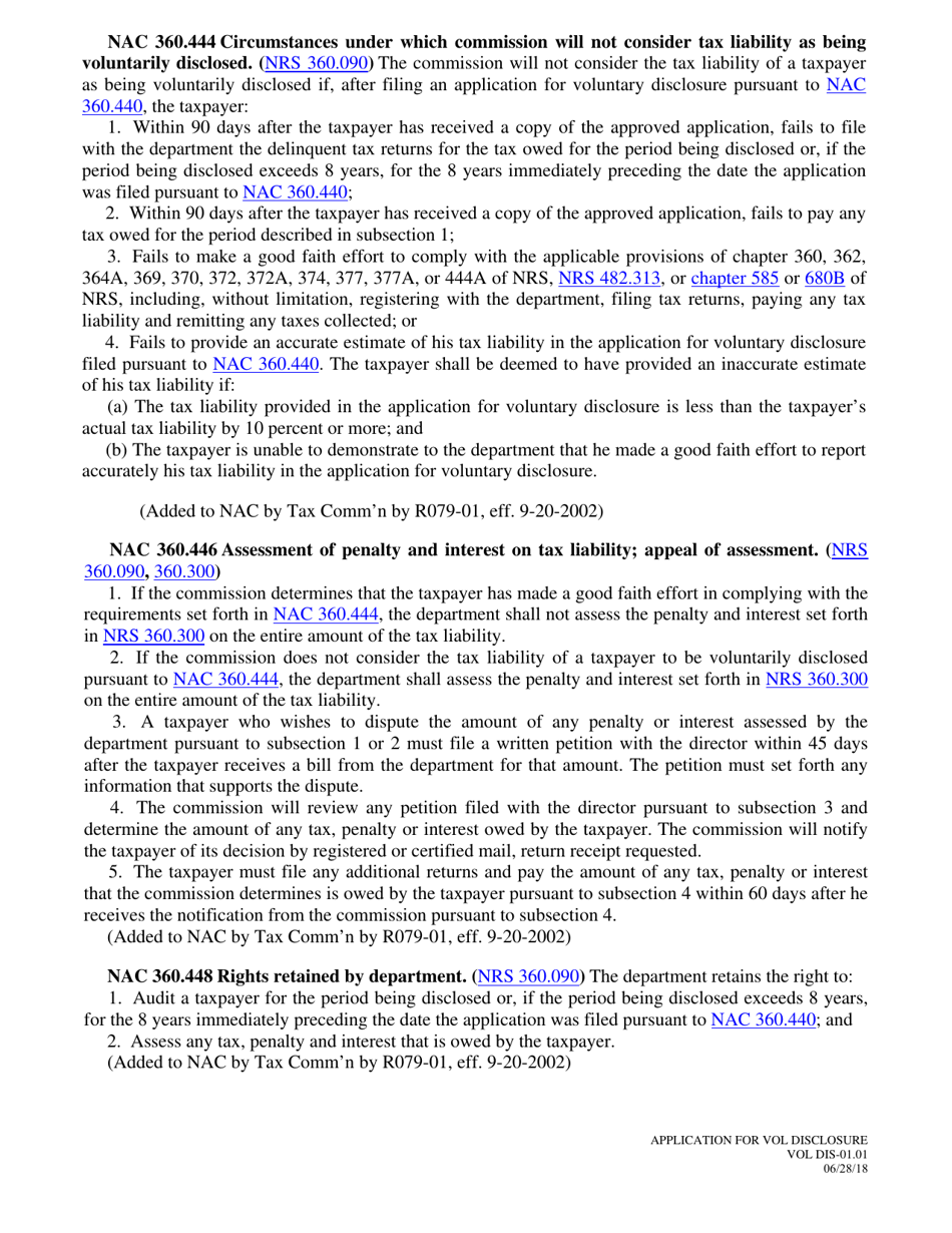 Form VOL DIS-01.01 Application for Voluntary Disclosure of Failure to File Return - Nevada, Page 3