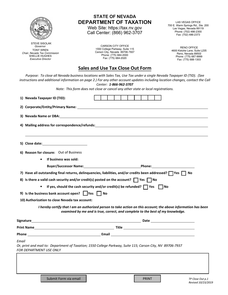 Sales and Use Tax Close out Form - Nevada, Page 1