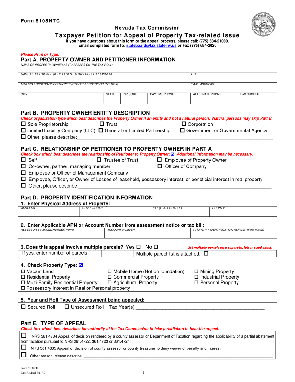 Form 5108NTC Taxpayer Petition for Appeal of Property Tax-Related Issue - Nevada, Page 1