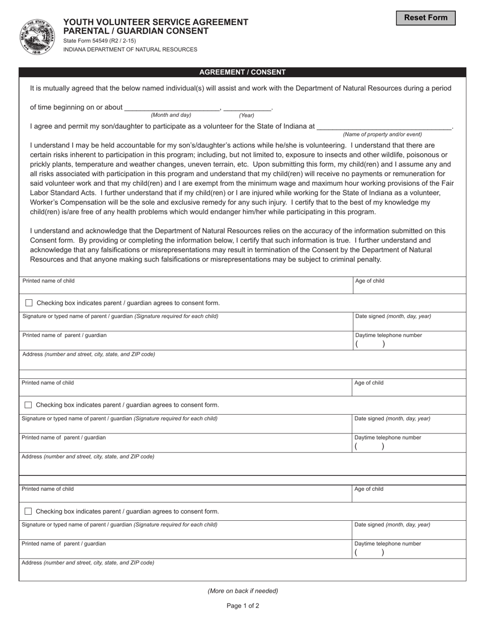 State Form 54549 Youth Volunteer Service Agreement - Parental / Guardian Consent - Indiana, Page 1