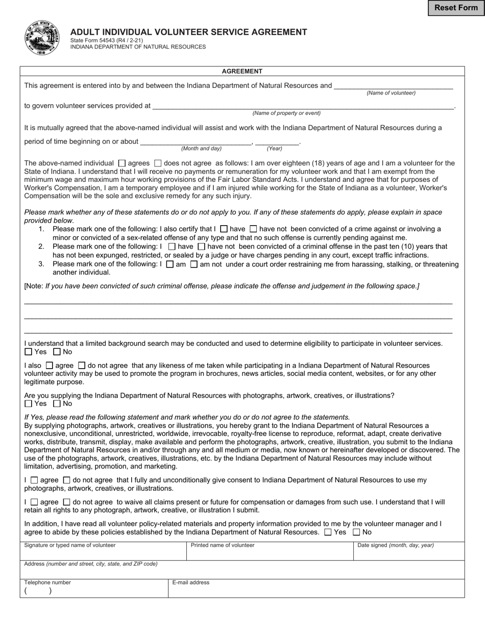 Form 54543 Adult Individual Volunteer Service Agreement - Indiana, Page 1
