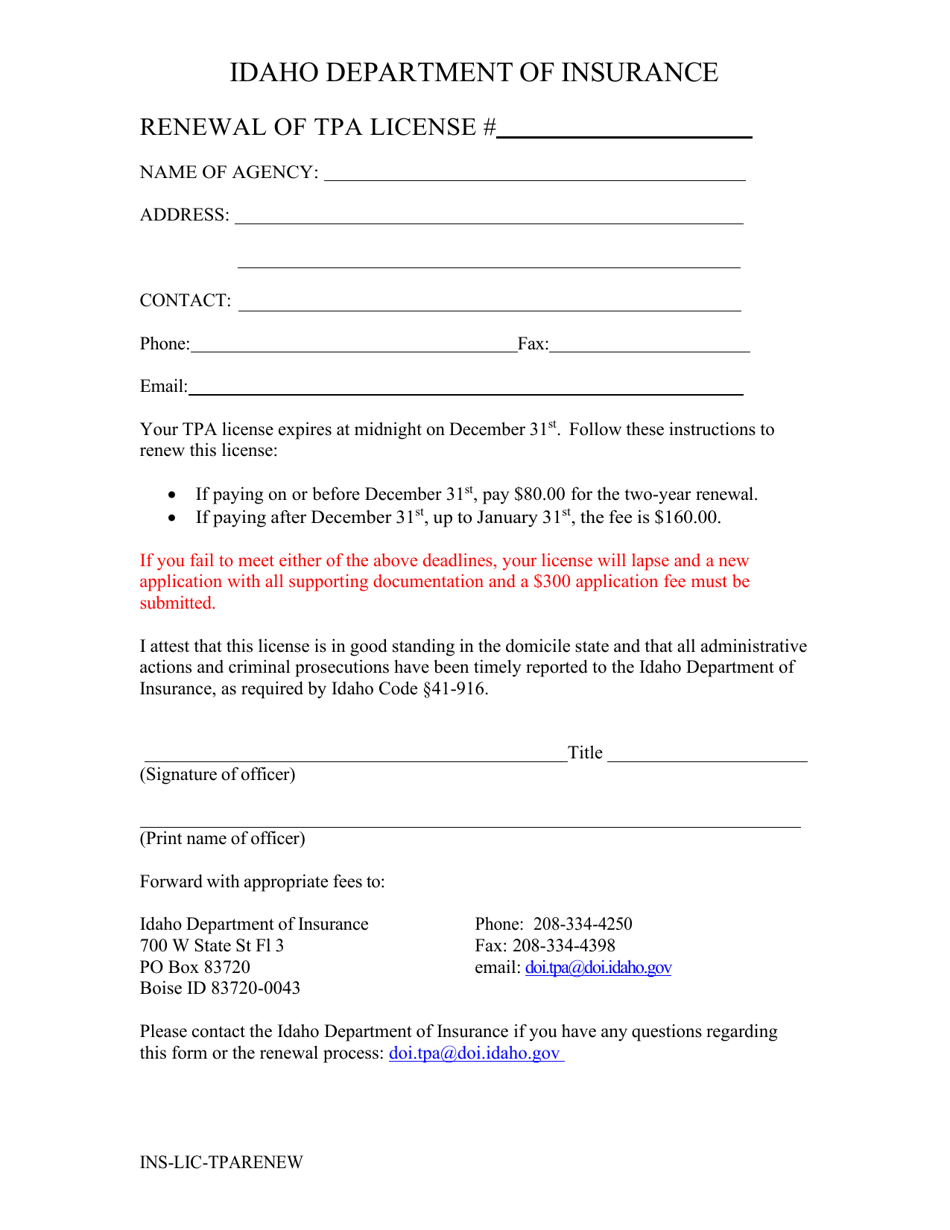 Idaho Renewal of Tpa License Fill Out, Sign Online and Download PDF