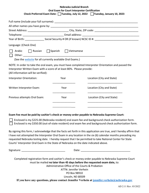 Form AD2:1 1 Oral Exam for Court Interpreter Certification - Nebraska