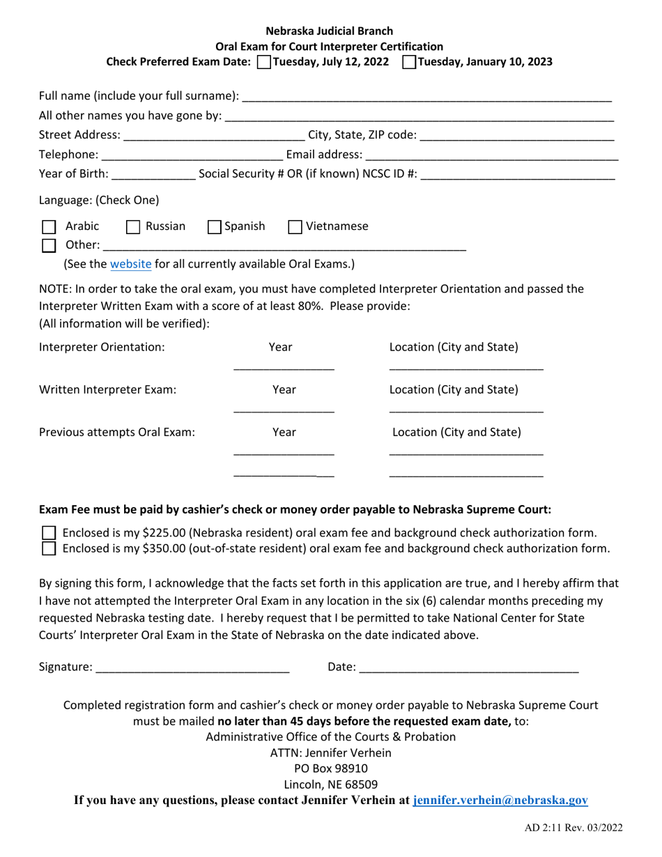 Form AD2:1 1 Oral Exam for Court Interpreter Certification - Nebraska, Page 1