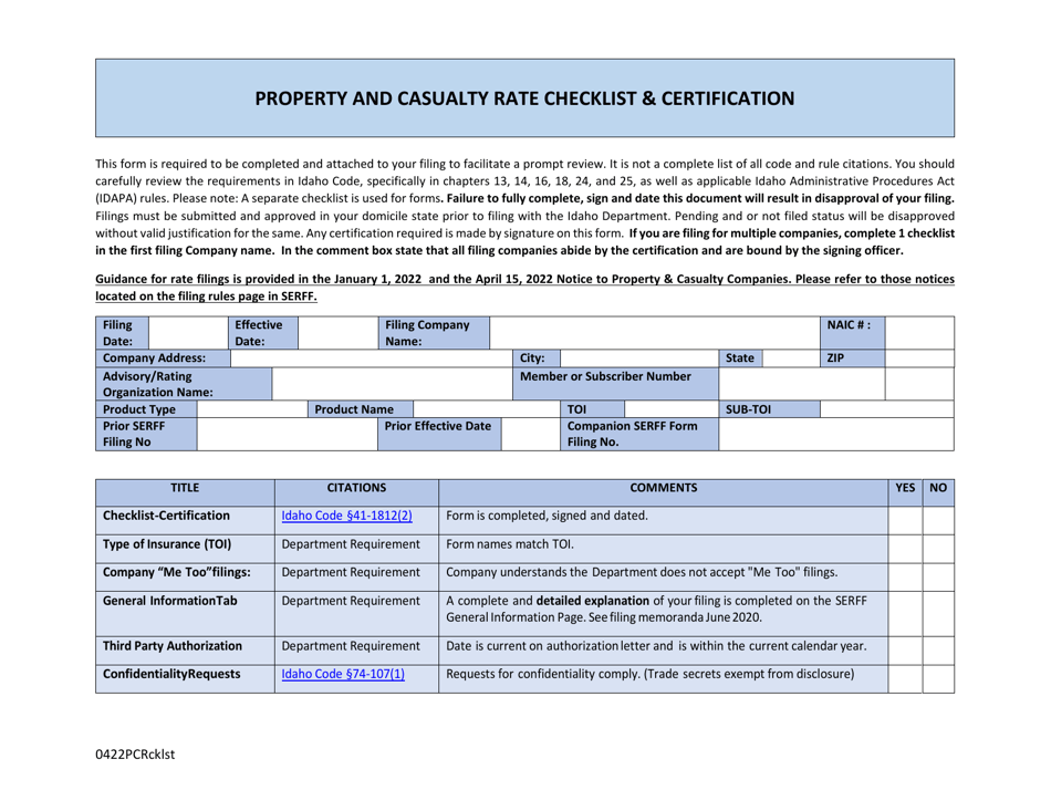 Property and Casualty Rate Checklist  Certification - Idaho, Page 1