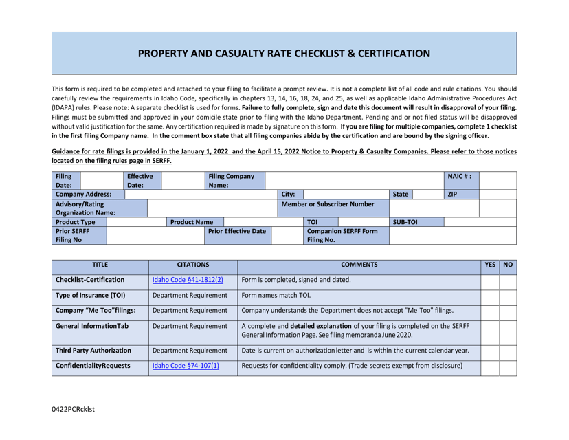 Property and Casualty Rate Checklist & Certification - Idaho Download Pdf