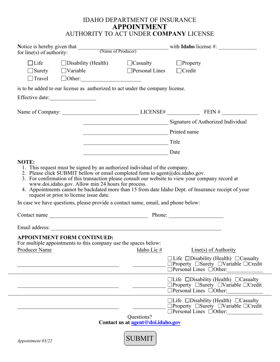 Form APPT-41-1018 Appointment Authority to Act Under Company License - Idaho, Page 1