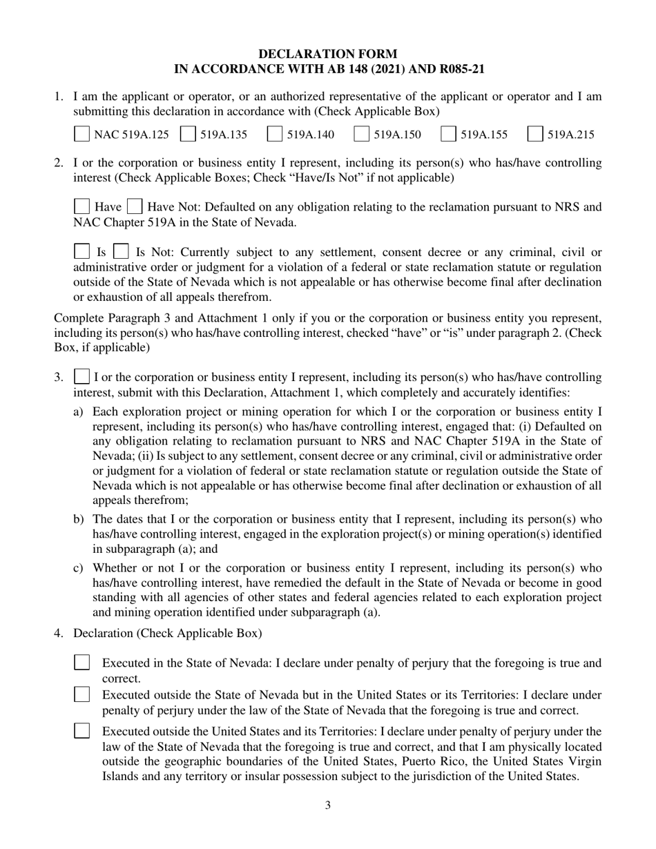 Reclamation Permit Transfer Request Form - Nevada, Page 3