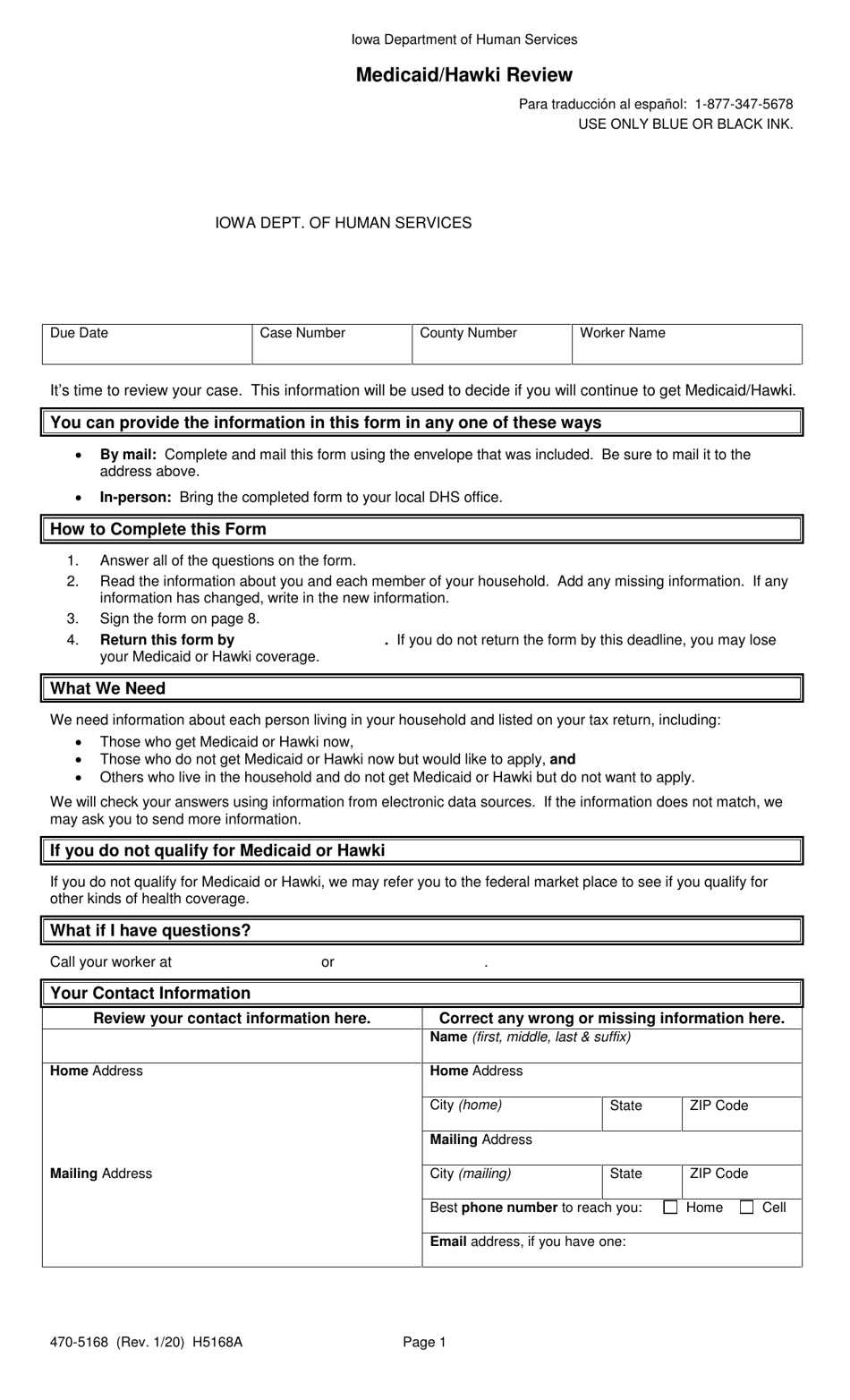 Form 470-5168 Medicaid / Hawki Review - Iowa, Page 1