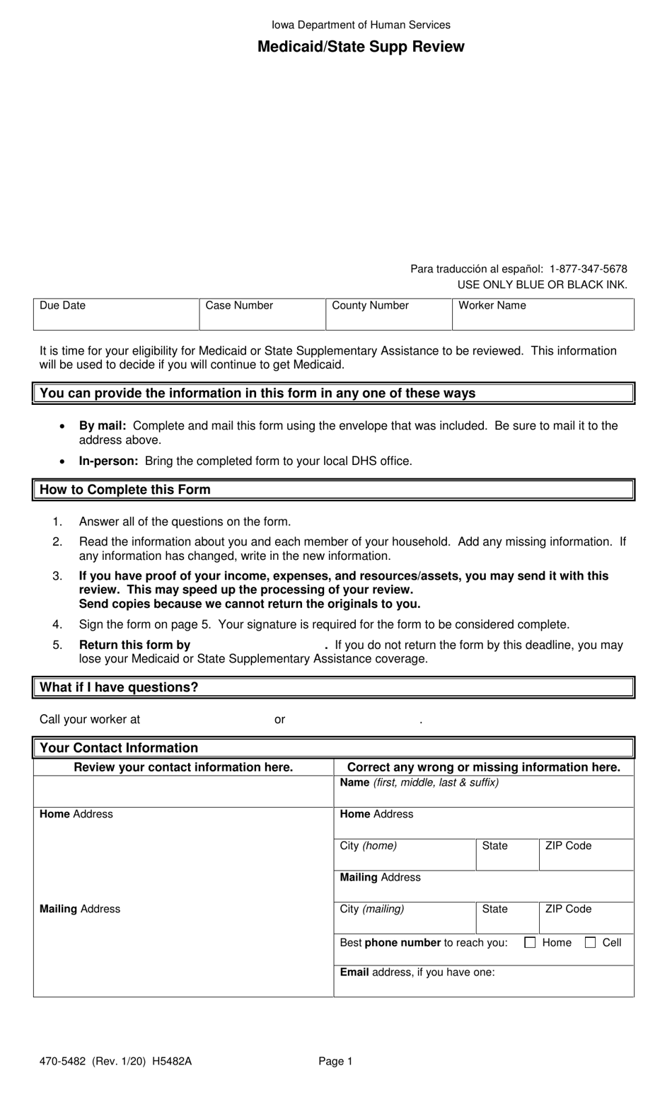 Form 470-5482 Medicaid / State Supp Review - Iowa, Page 1