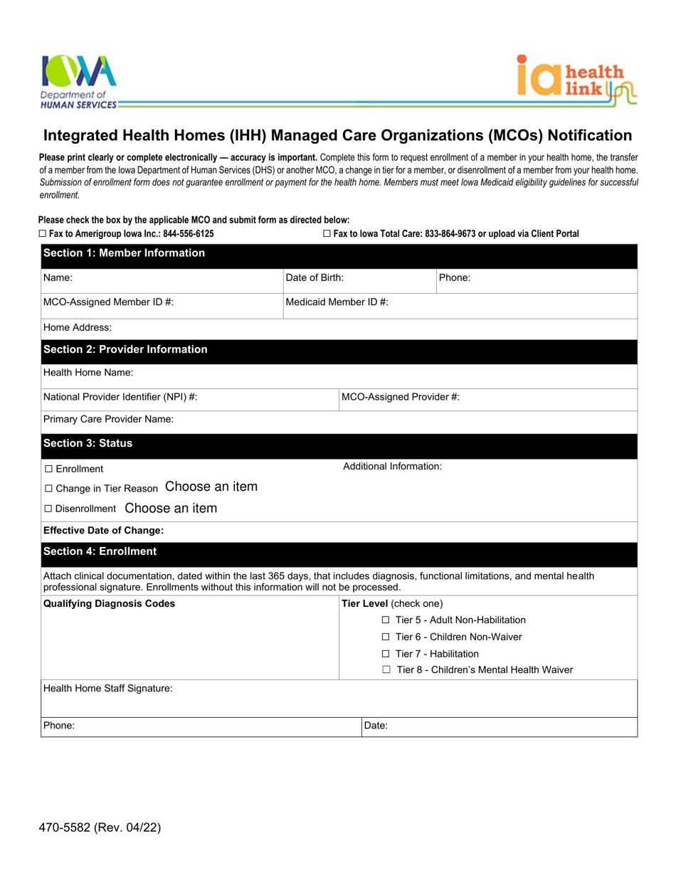 Form 470-5582 Integrated Health Homes (Ihh) Managed Care Organizations (Mcos) Notification - Iowa, Page 1