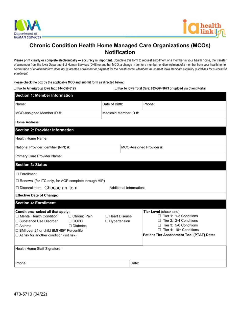 Form 470-5710 Chronic Condition Health Home Managed Care Organizations (Mcos) Notification - Iowa, Page 1