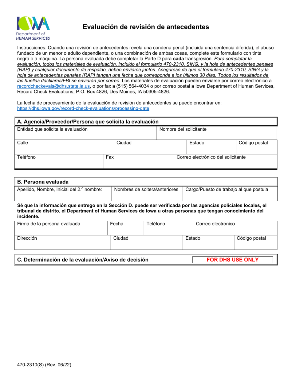 Formulario 470-2310 Evaluacion De Revision De Antecedentes - Iowa (Spanish), Page 1