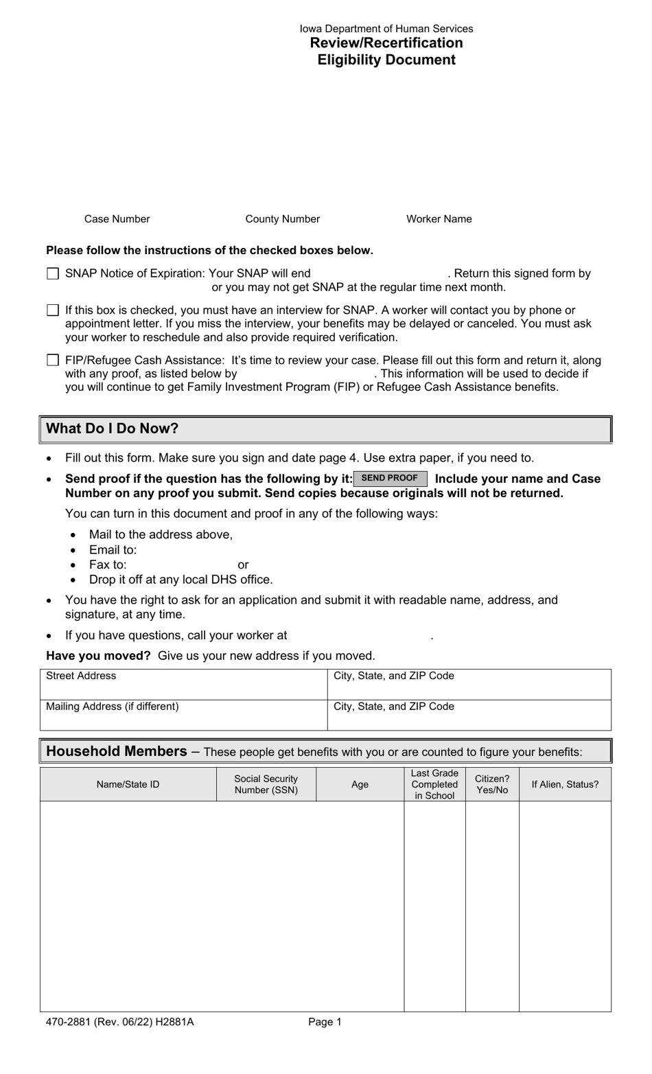 Form 470-2881 Review / Recertification Eligibility Document - Iowa, Page 1