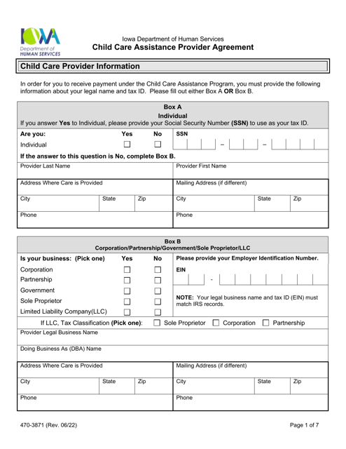 Form 470-3871 Child Care Assistance Provider Agreement - Iowa