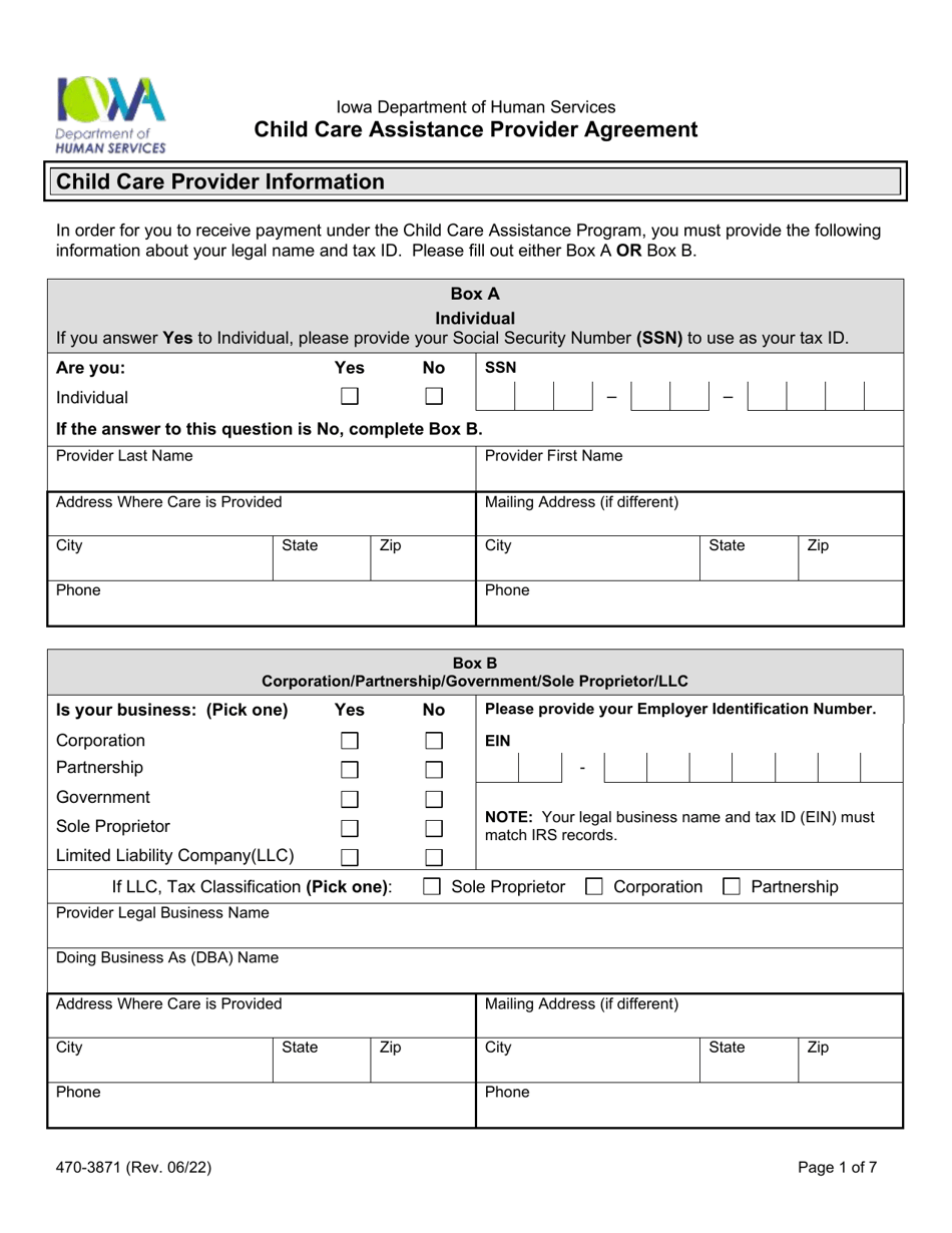 Form 470-3871 Child Care Assistance Provider Agreement - Iowa, Page 1
