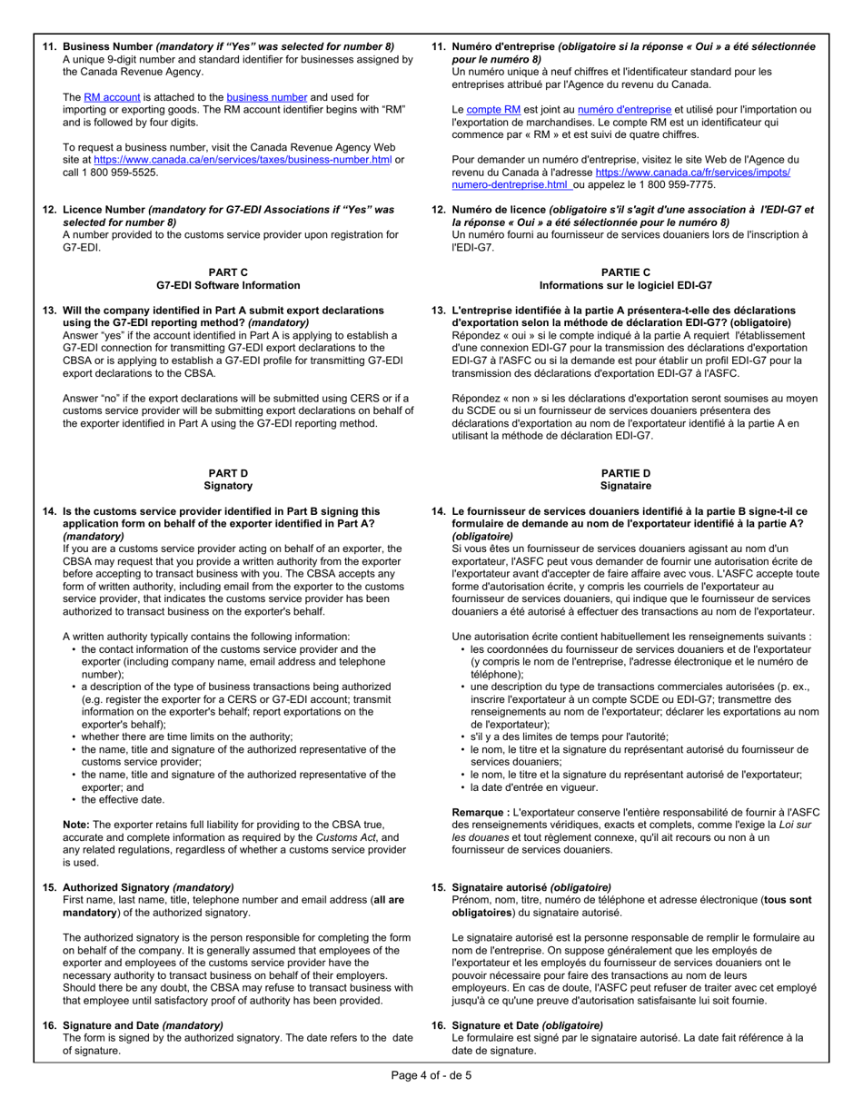 Form BSF831 Exporter Reporting Application Form - Canada (English / French), Page 4
