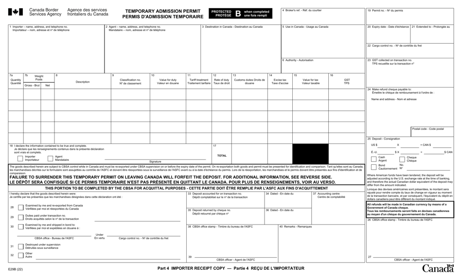 Form E29B Temporary Admission Permit - Canada (English / French), Page 4