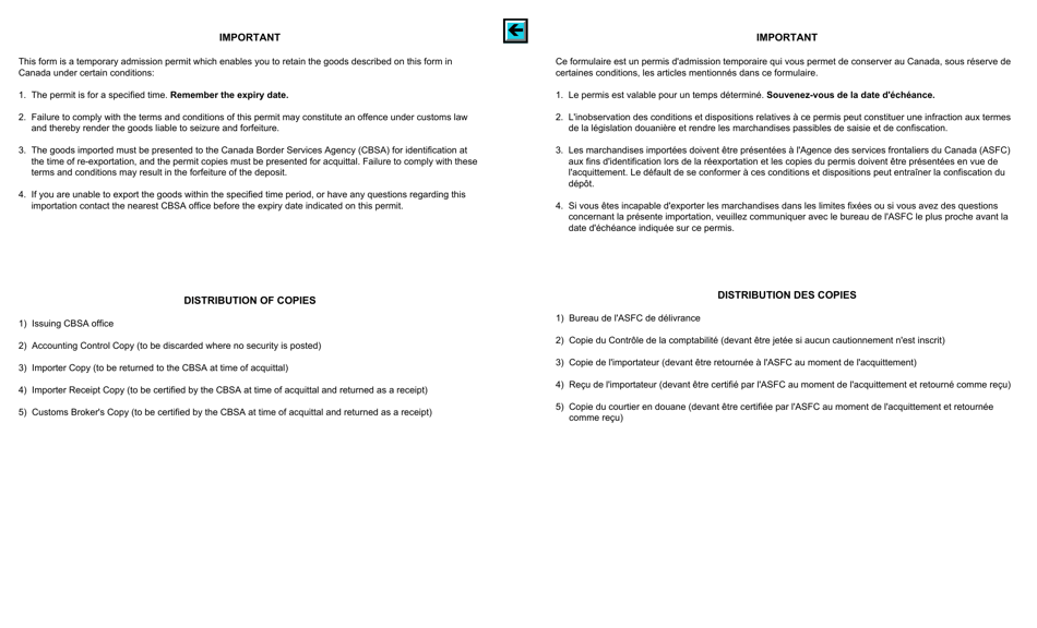 Form E29B Temporary Admission Permit - Canada (English / French), Page 6
