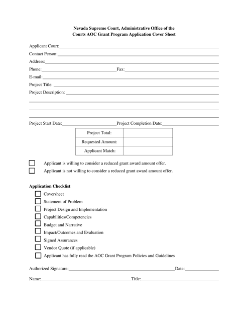 Aoc Grant Program Application Cover Sheet - Nevada Download Pdf
