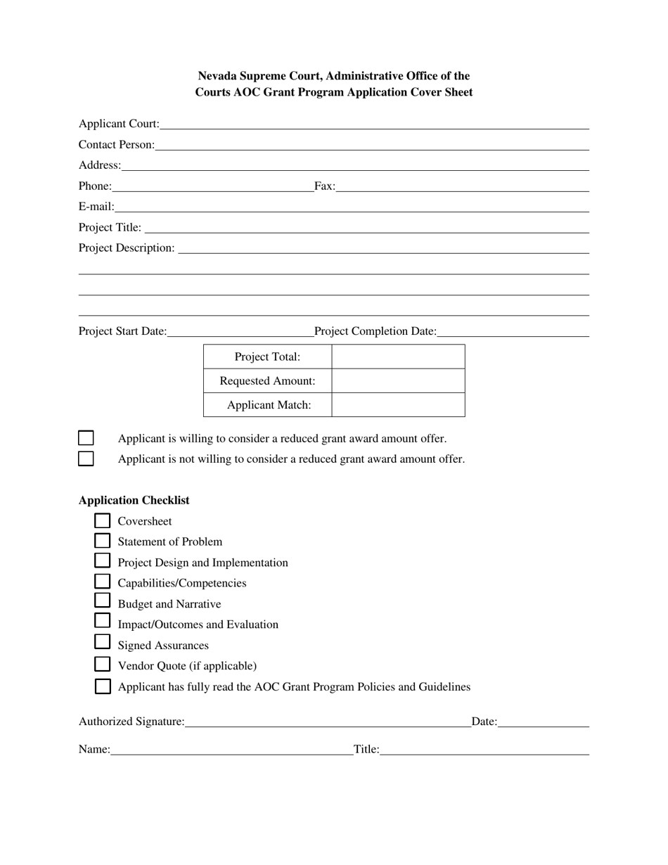 Nevada Aoc Grant Program Application Cover Sheet Fill Out Sign   Aoc Grant Program Application Cover Sheet Nevada Print Big 