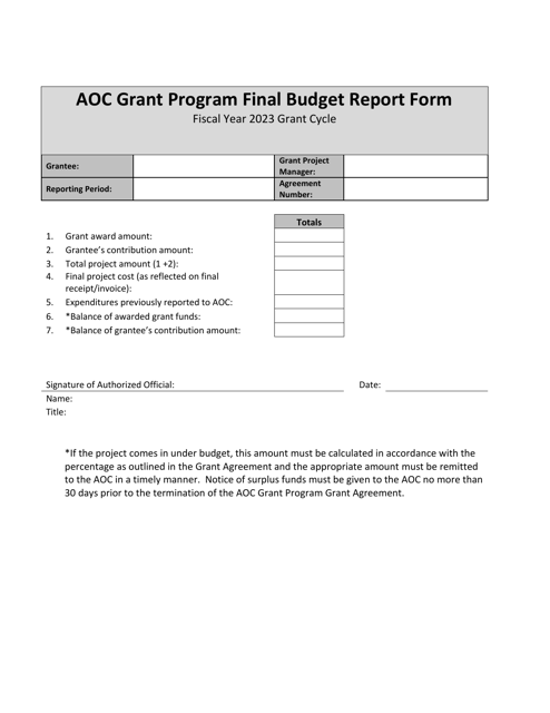 Aoc Grant Program Final Budget Report Form - Nevada, 2023