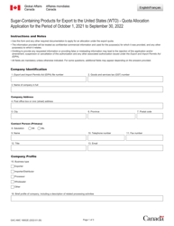 Form GAC-AMC16852 &quot;Sugar-Containing Products for Export to the United States (Wto) - Quota Allocation Application&quot; - Canada (English/French), 2022