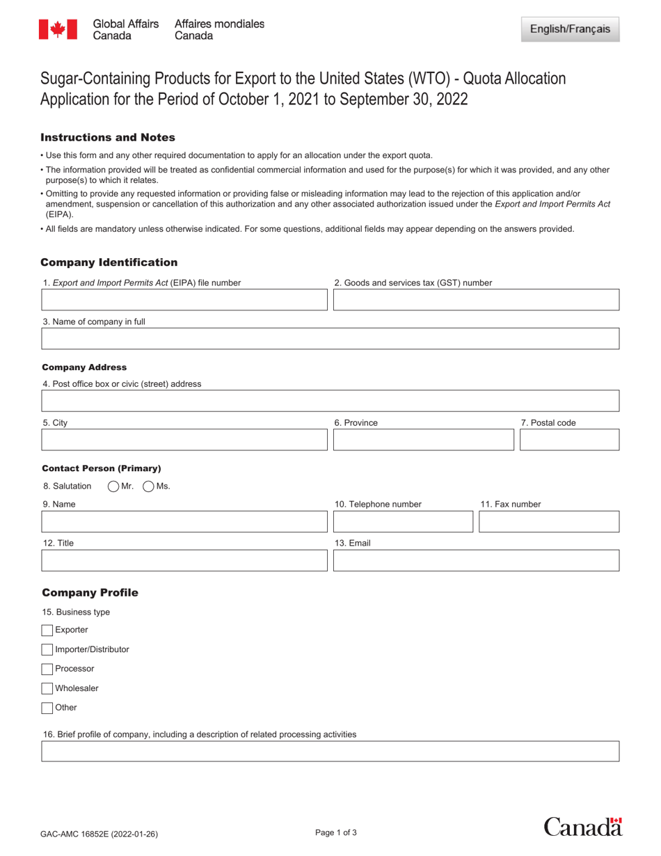 Form GAC-AMC16852 Sugar-Containing Products for Export to the United States (Wto) - Quota Allocation Application - Canada (English / French), Page 1