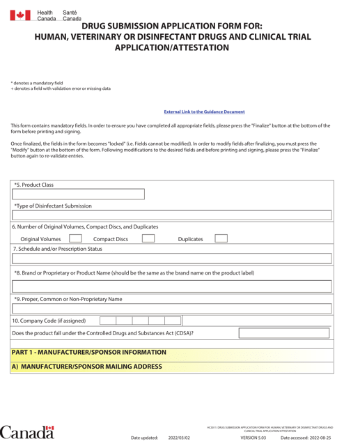 Form HC3011 Drug Submission Application Form for: Human, Veterinary or Disinfectant Drugs and Clinical Trial Application/Attestation - Canada