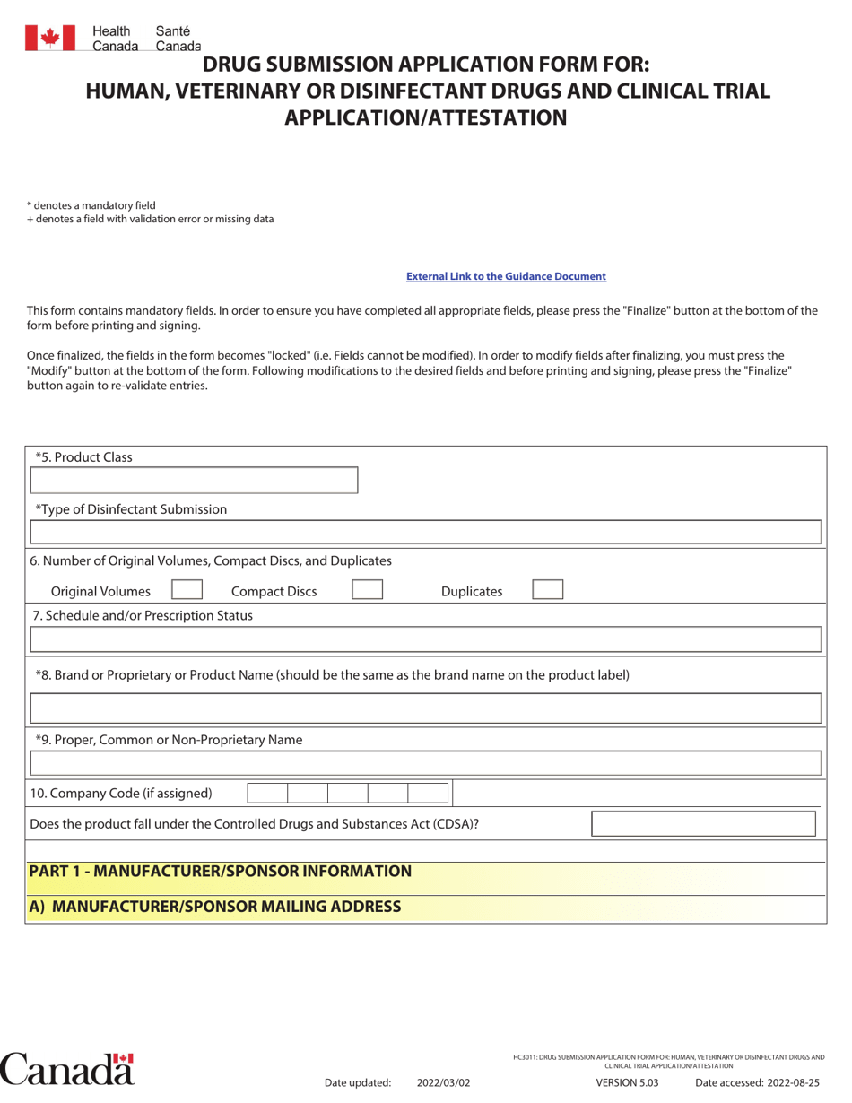 Form HC3011 Drug Submission Application Form for: Human, Veterinary or Disinfectant Drugs and Clinical Trial Application / Attestation - Canada, Page 1