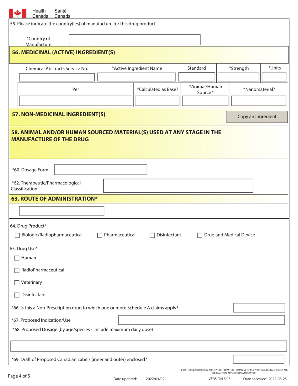 Form HC3011 Download Fillable PDF or Fill Online Drug Submission