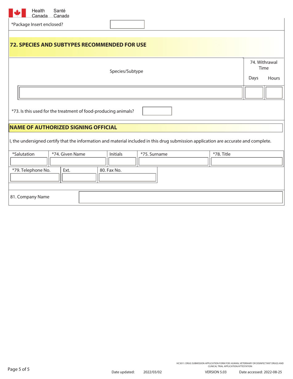 Form HC3011 Drug Submission Application Form for: Human, Veterinary or Disinfectant Drugs and Clinical Trial Application / Attestation - Canada, Page 5