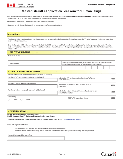 Form 4.16E Master File (Mf) Application Fee Form for Human Drugs - Canada