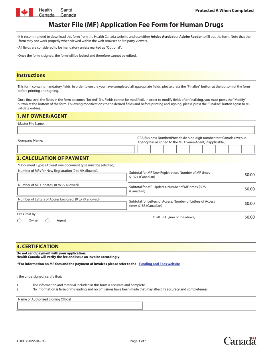 Form 4.16E Master File (Mf) Application Fee Form for Human Drugs - Canada, Page 1