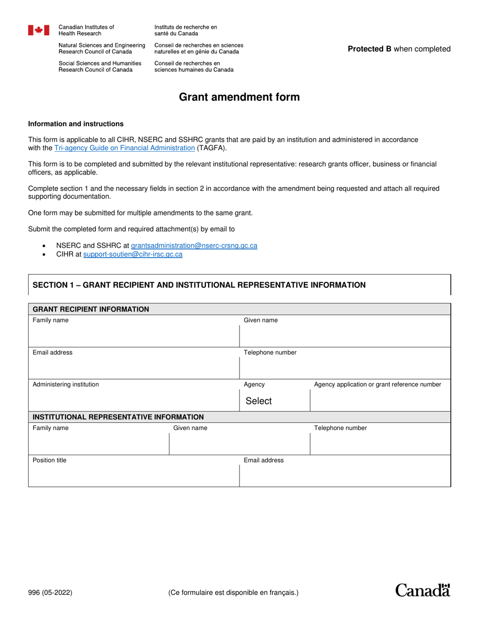 Form 996 Grant Amendment Form - Canada, Page 1