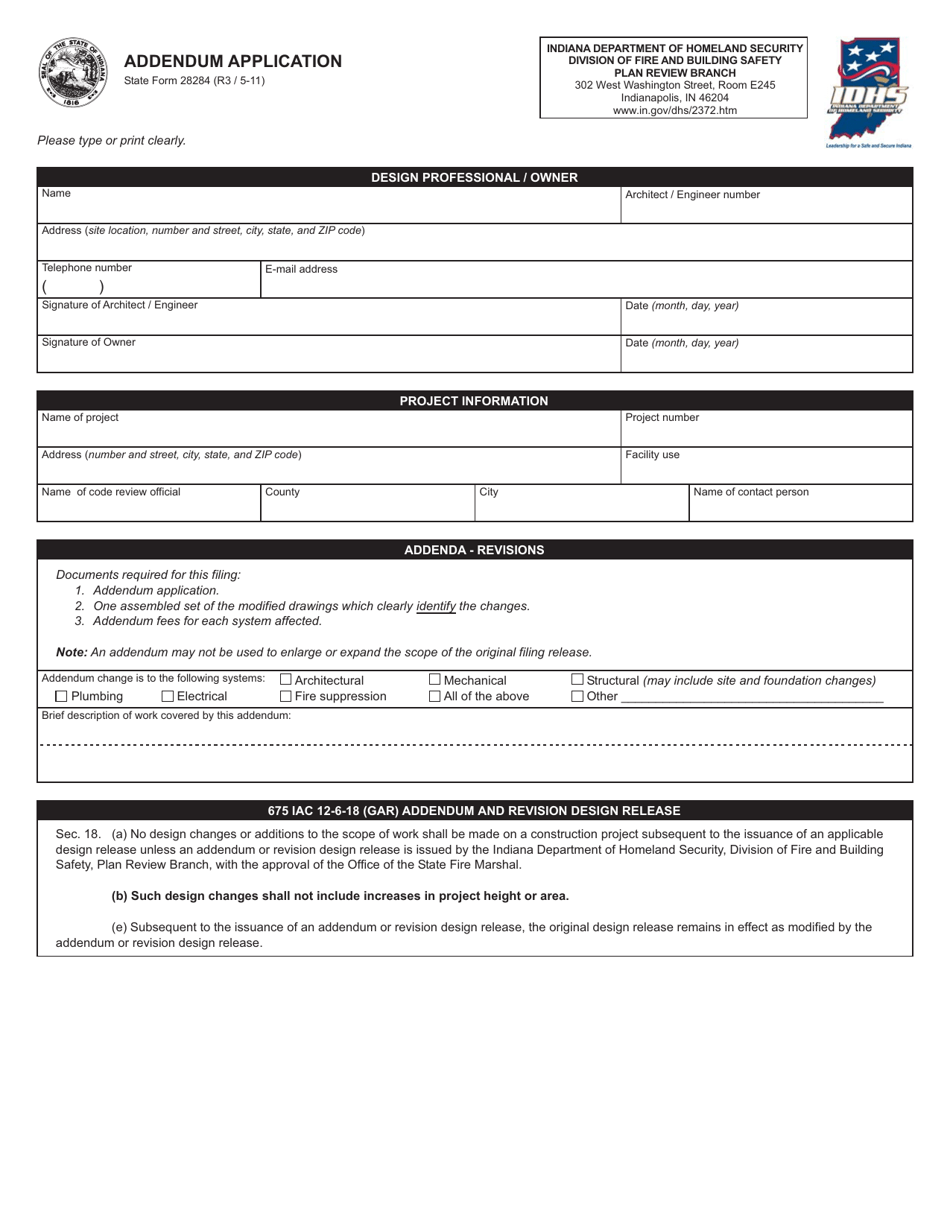 State Form 28284 Construction Design Addendum Application - Indiana, Page 1