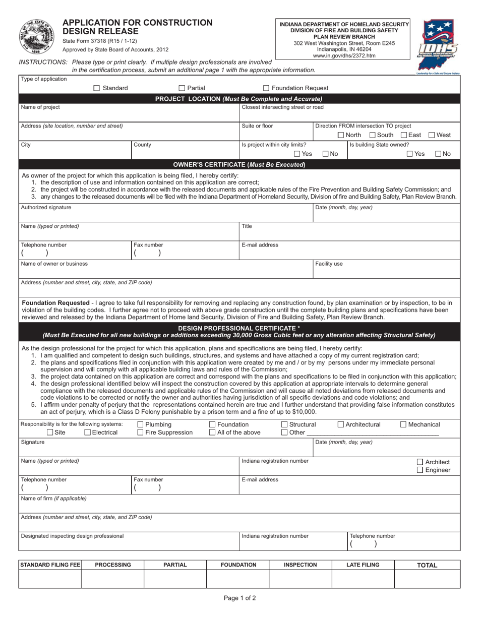 State Form 37318 Application for Construction Design Release - Indiana, Page 1