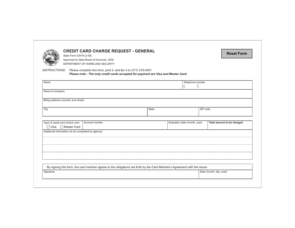 State Form 53518 Credit Card Charge Request - General - Indiana, Page 1