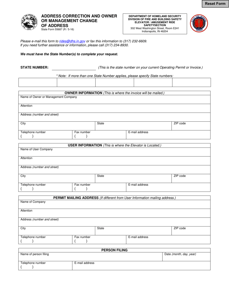 State Form 55687 Address Correction and Owner or Management Change of Address - Indiana, Page 1