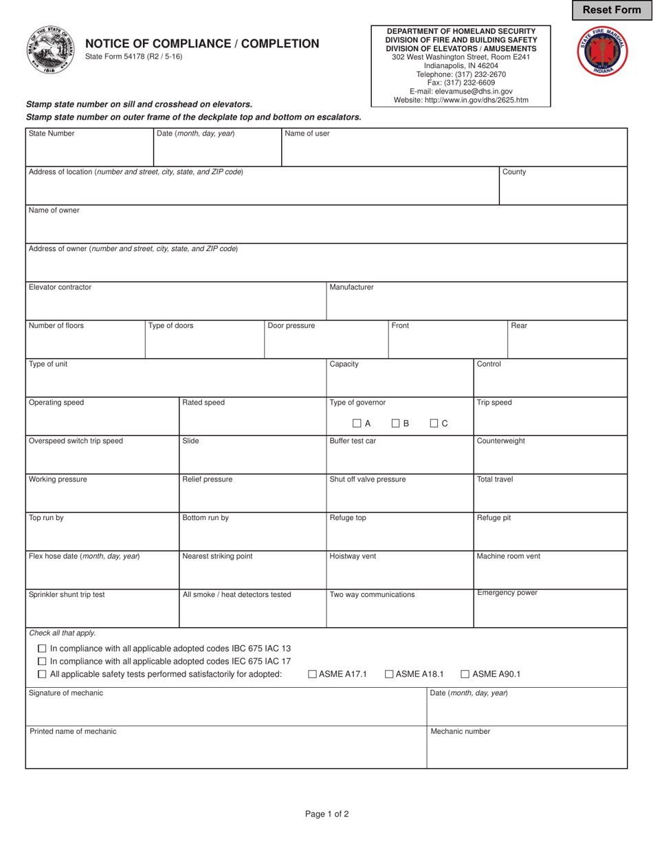 State Form 54178 Notice of Compliance / Completion - Indiana, Page 1
