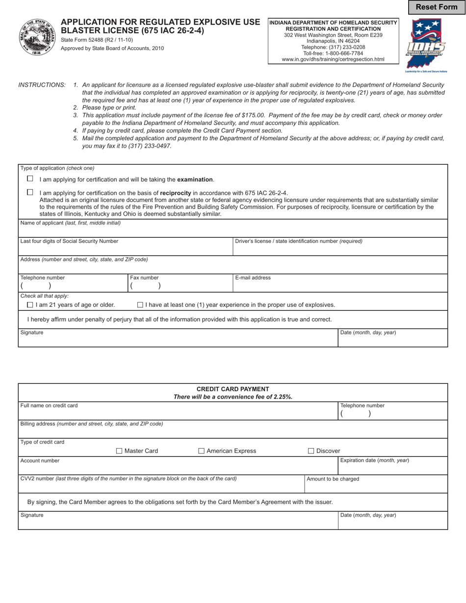 State Form 52488 Application for Regulated Explosive Use Blaster License (675 Iac 26-2-4) - Indiana, Page 1