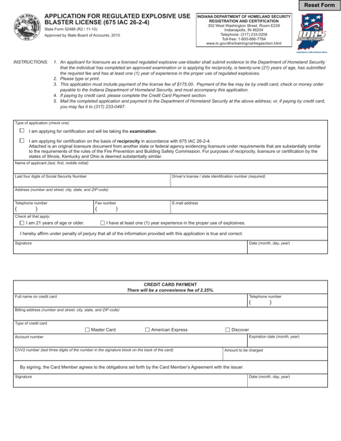State Form 52488 Application for Regulated Explosive Use Blaster License (675 Iac 26-2-4) - Indiana