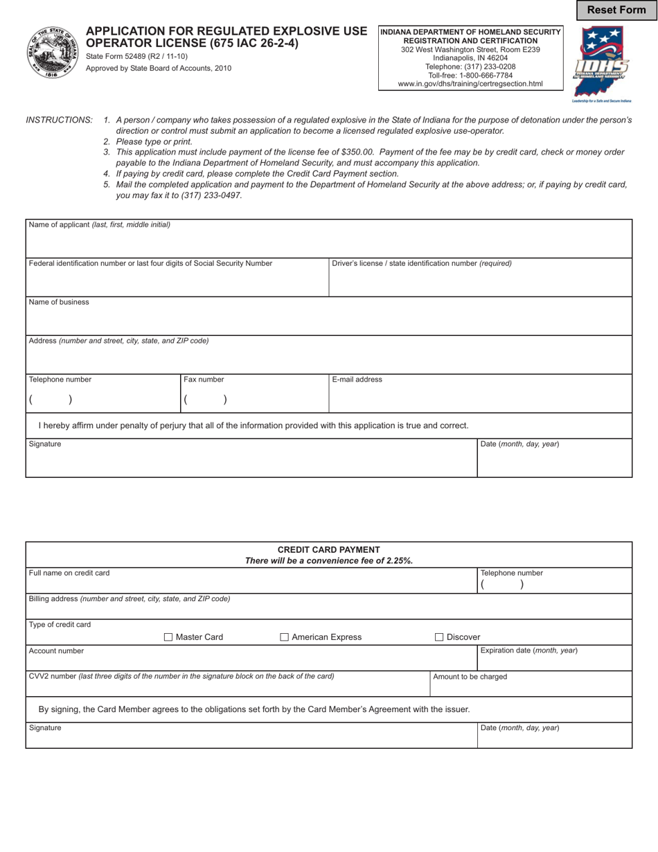 State Form 52489 Application for Regulated Explosive Use Operator License (675 Iac 26-2-4) - Indiana, Page 1